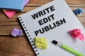 Concept of write edit publish write on book isolated on Wooden Table Royalty Free Stock Photo