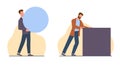 Concept of wrong approach to work, men carrying round object and pushing square one. Smart business, optimization and