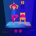 Concept of yoga at home, yoga online via internet. Cute boy and girl are doing yoga asana standing on giant smartphone