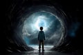 Young adventurer in front of portal to fantasy dimensions that radiate power and energy, dramatic, saturated, high contrast, power