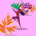 The concept of a young woman jumping from the emotion of happiness in a Park on a plant background. styling modern vector