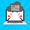 Concepts Cloud storage. Laptop on blue background. Synchronization and storage of data. Royalty Free Stock Photo