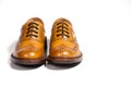 Concepts of Luxury Male Footwear. Full Broggued Tan Leather Oxfords Royalty Free Stock Photo