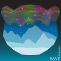 Conceptu illustration on theme of protection of nature and animals with northern lights in the night sky in silhouette of bear Royalty Free Stock Photo
