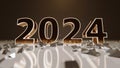 Conceptual 3D render illustration. The number 2024 in a shiny golden background. New Year sign crashing in small particles