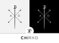 Conceptual Abstract Chi-Rho Symbol design with sword & arrows combined with Alpha & Omega signs. Royalty Free Stock Photo