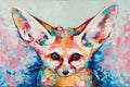 Oil fox portrait painting in multicolored tones. Conceptual abstract painting of a fennec muzzle. Closeup of a painting