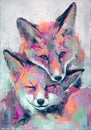 Oil fox portrait painting in multicolored tones. Conceptual abstract painting of a fennec muzzle. Closeup of a painting