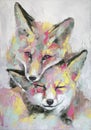 Oil fox portrait painting in multicolored tones. Conceptual abstract painting of a fennec muzzle. Closeup of a painting