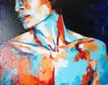 Conceptual abstract picture of male torso. Body on black background. Conceptual abstract closeup of oil painting and