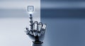 Metallic robot hand touching a glowing message icon on a futuristic interface background concept. Royalty Free Stock Photo