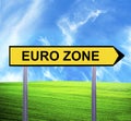 Conceptual arrow sign against beautiful landscape with text - EURO ZONE Royalty Free Stock Photo