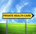 Conceptual arrow sign against beautiful landscape with text - PRIVATE HEALTH CARE Royalty Free Stock Photo