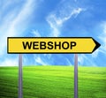 Conceptual arrow sign against beautiful landscape with text - WEBSHOP