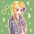 Conceptual art of a blonde girl with long braided hair and a crystal on her forehead. Cancer woman zodiac sign with denim jacket