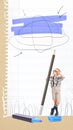 Conceptual art collage. Little schoolboy, child in checkered shirt and glasses standing with giant pencil and drawing Royalty Free Stock Photo