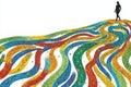 Conceptual art of a figure walking across a colorful abstract path, symbolizing choices, decision making, and navigating cybers