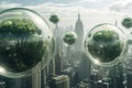 Conceptual art of floating botanical spheres over a cityscape, symbolizing a harmonious fusion of urban development and Royalty Free Stock Photo