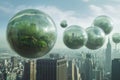 Conceptual art of floating botanical spheres over a cityscape, symbolizing a harmonious fusion of urban development and Royalty Free Stock Photo