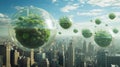 Conceptual art of floating botanical spheres over a cityscape, symbolizing a harmonious fusion of urban development and Royalty Free Stock Photo