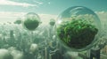 Conceptual art of floating botanical spheres over a cityscape, symbolizing a harmonious fusion of urban development and Royalty Free Stock Photo