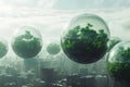 Conceptual art of floating botanical spheres over a cityscape, symbolizing a harmonious fusion of urban development and Royalty Free Stock Photo