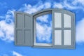 Conceptual art: grey window left ajar on blue sky