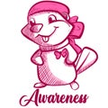 Conceptual art of a happy beaver wearing a scarf and a pink ribbon for breast cancer awareness campaign. Royalty Free Stock Photo