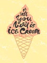 Conceptual art of ice cream. Quotes `all you need is ice cream`. Vector illustration of lettering phrase. Calligraphy poster