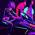 Conceptual art of a neon woman biker riding on a city.