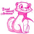 Conceptual art of a pink otter with a ribbon for breast cancer awareness month. Cartoon weasel supporting a medical cause