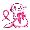 Conceptual art of a pink otter wearing a scarf for breast cancer awareness month. Cute cartoon character of a weasel