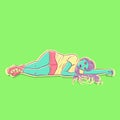 Conceptual art of the sloth sin. Sluggish and apathetic woman full of boredoom laying on the ground. Colorful vector illustration