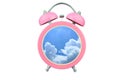 Conceptual art time to relax : sky and cloud within pink alarm clock isolated on white background Royalty Free Stock Photo