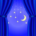 Conceptual background with blue curtain open, with a crescent moon and stars Royalty Free Stock Photo