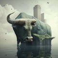 granite day trading bull standing on top of a rocky island next to the water and business buildings, generative ai