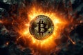 Conceptual Bitcoin curency in explosion on black background, IA generative Royalty Free Stock Photo