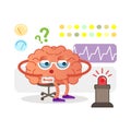 Conceptual brain cartoon character monitoring and receiving signals. Health care and medicine.