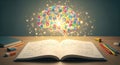 Conceptual Brain of Colorful Letters Floating Above Open Textbook for Educational Growth and Creativity Royalty Free Stock Photo