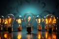 Conceptual brilliance Glowing lightbulb and question marks for creative problem solving Royalty Free Stock Photo