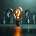 Conceptual brilliance Glowing lightbulb and question marks for creative problem solving Royalty Free Stock Photo