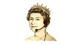 Conceptual business/customer service. The head of England currency- Queen, with headset