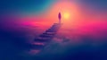 Conceptual business man climbing a stair over the clouds at sunset background