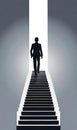 Conceptual business man climbing a stair over an open door background. Royalty Free Stock Photo