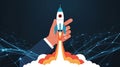 Conceptual Business Startup Rocket Launch with Hand and Digital Network Background Royalty Free Stock Photo