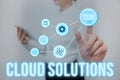 Conceptual caption Cloud Solutions. Word for ondemand services or resources accessed via the internet Lady Holding