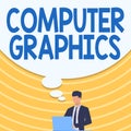Conceptual caption Computer Graphics. Conceptual photo visual representations of data displayed on a monitor Businessman