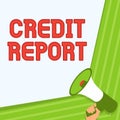 Text caption presenting Credit Report. Word for Borrowing Rap Sheet Bill and Dues Payment Score Debt History