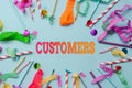 Conceptual caption Customers. Concept meaning individual or organization purchasing products or services Colorful Party