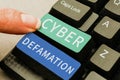 Text sign showing Cyber Defamation. Business concept slander conducted via digital media usually by Internet